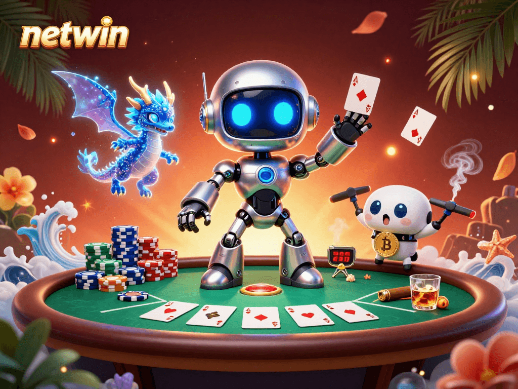Players engage with netwin as they enjoy poker games with cyberpunk mascots and vibrant casino elements.