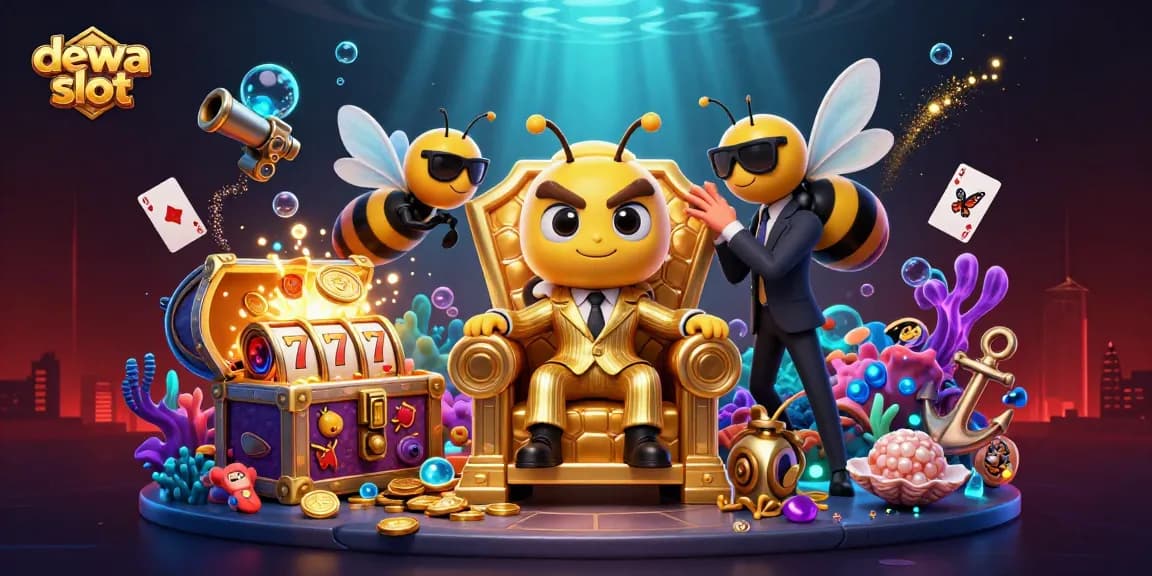 Spin the dewa slot reels with a bumblebee mob boss in a vibrant casino scene exploding with gold!