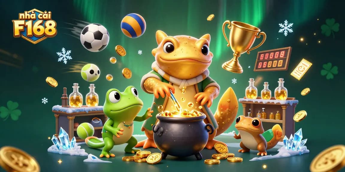 Engage in thrilling gameplay at nhà cái F168 with a magical scene of alchemy and gold coins.