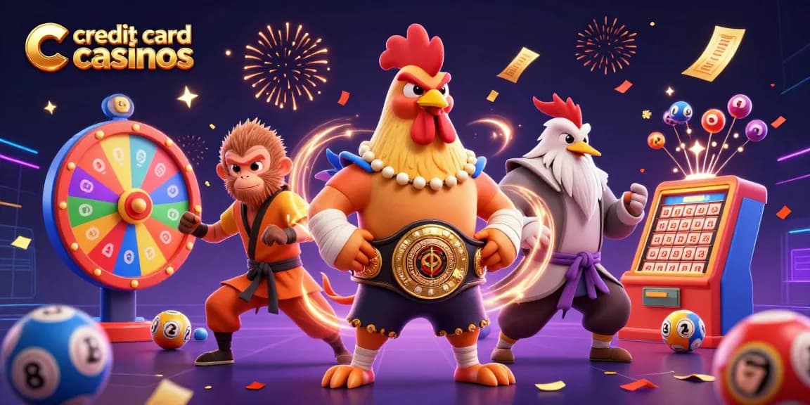 Engage with credit card casinos through an exciting scene with vibrant lottery elements and dynamic characters.