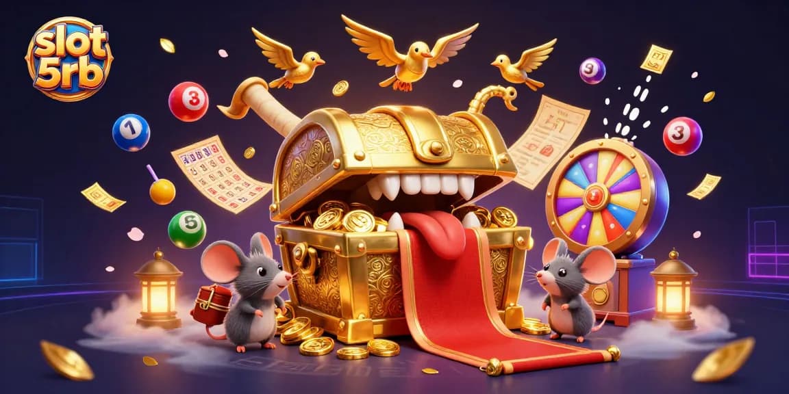 Engage in slot 5rb action with vibrant 3D casino illustration featuring a treasure chest and energetic game elements.