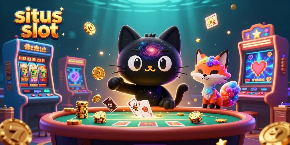 Situs slot illustration showcasing a black hole cat and colorful fox amidst vibrant casino elements.