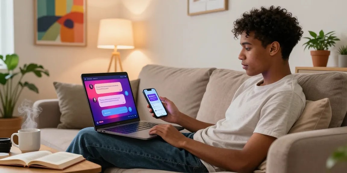 Interactive chat with sexting AI in a cozy living room, showcasing modern digital intimacy.