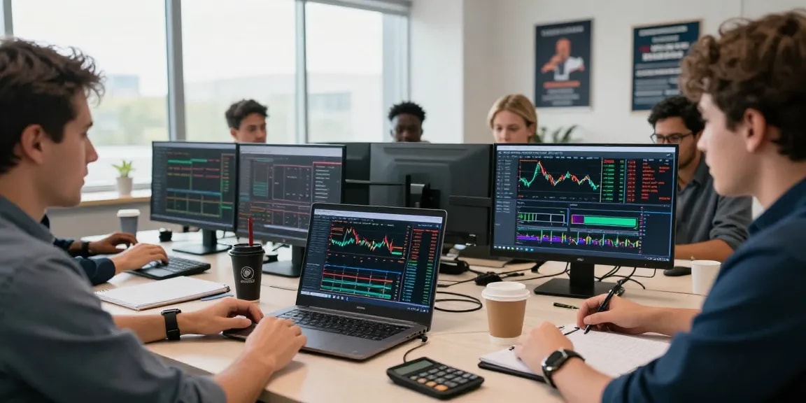 Traders mendiskusikan strategi di lingkungan trading kakakjudi dengan banyak layar dan alat analisis pasar.