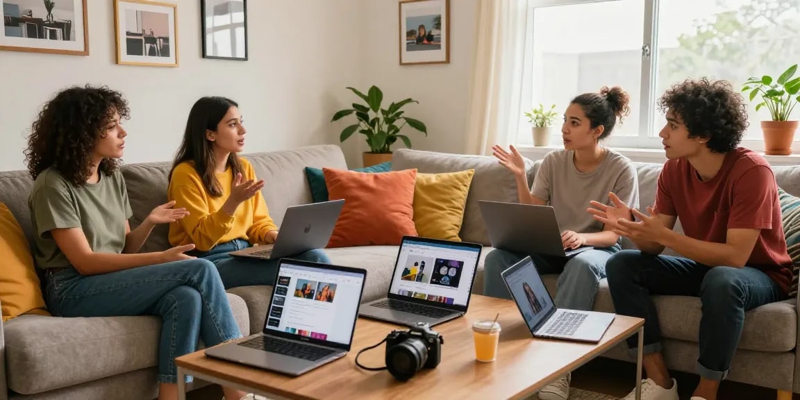 Friends discussing NSFW content in a lively living room setting, highlighting social media guidelines.