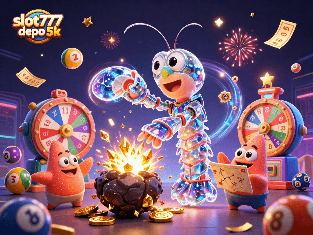 Engage with slot777 depo 5k in this vibrant 3D scene showcasing galactic fun and excitement.