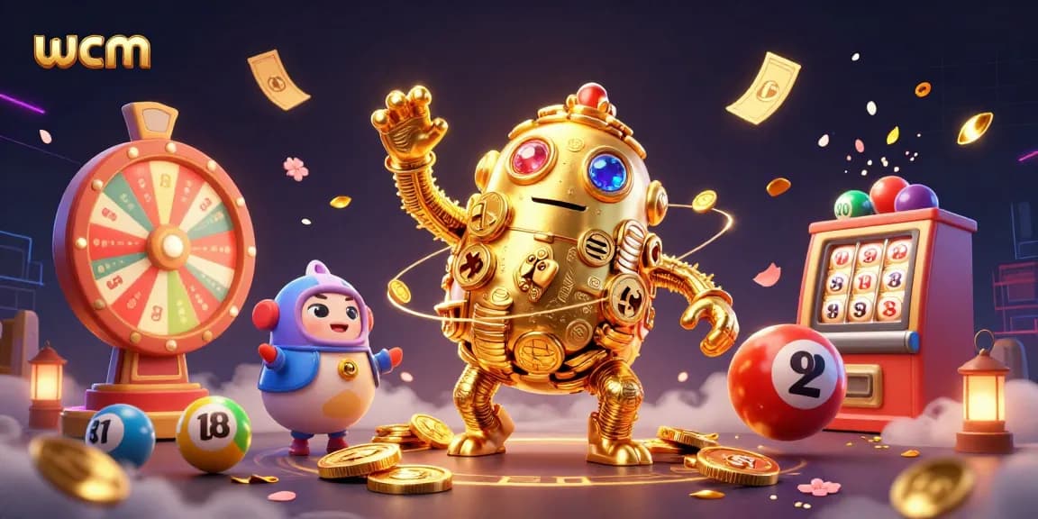 Engage with wcm's vibrant casino atmosphere featuring a golden golem amidst festive gambling elements.