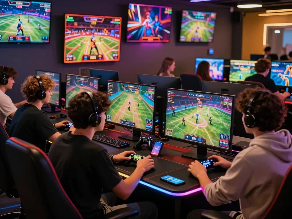 Engaged players at ONBET88 gaming setup, enjoying sports betting and casino games in a vibrant atmosphere.