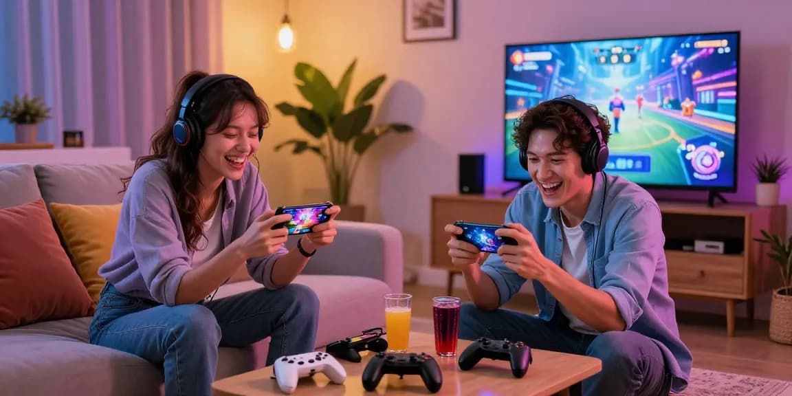 Excited gamers playing free mobile porn games together in a cozy living room setting.