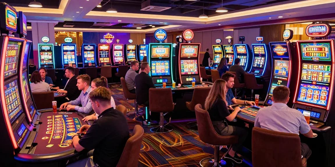 Exciting non UK casinos atmosphere with players enjoying vibrant gaming floor and diverse games.