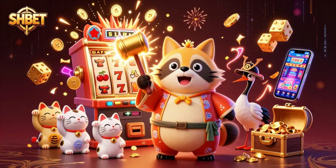 Experience SHBET's vibrant casino atmosphere with playful characters and jackpot excitement in this immersive illustration.