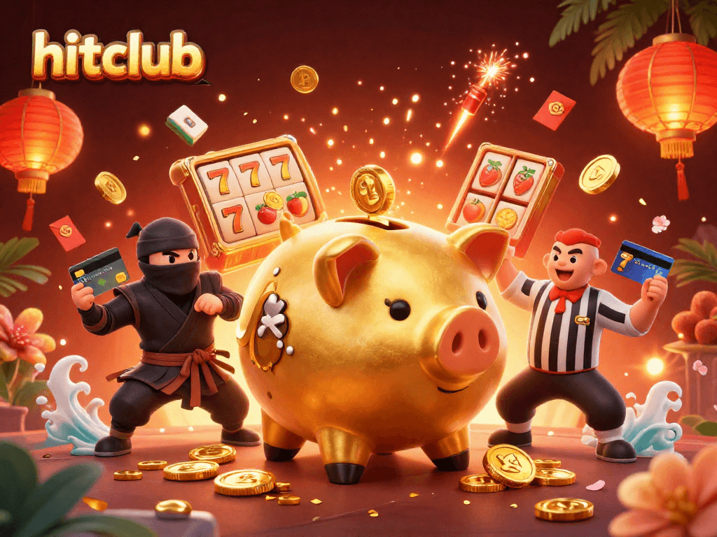 Experience hitclub's vibrant energy with a golden piggy bank sumo wrestler amidst dynamic gambling elements.