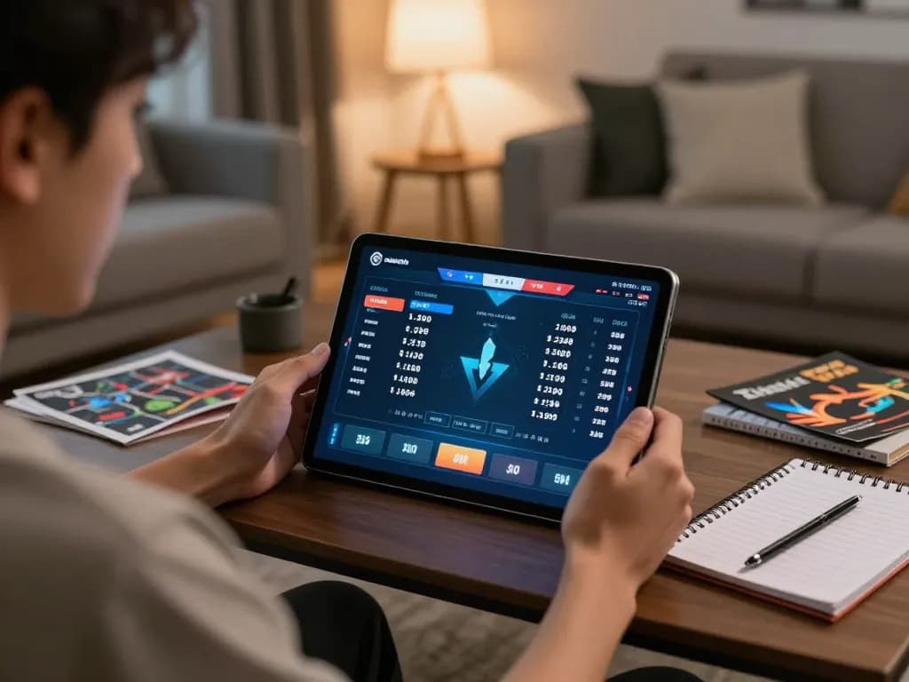 Engaged gamer analyzing stats for อีสปอร์ต W69 betting on a tablet in a modern living room.