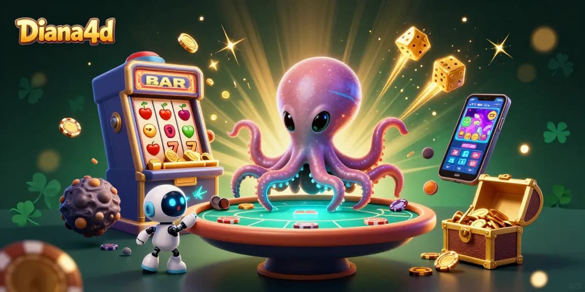 Diana4d showcases a vibrant scene featuring an alien octopus at a poker table enriched by dynamic casino elements.