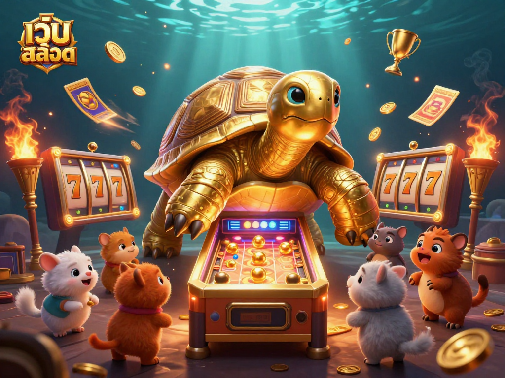 Experience thrilling เว็บสล็อต action with a giant golden tortoise pinball machine surrounded by dynamic gambling elements.