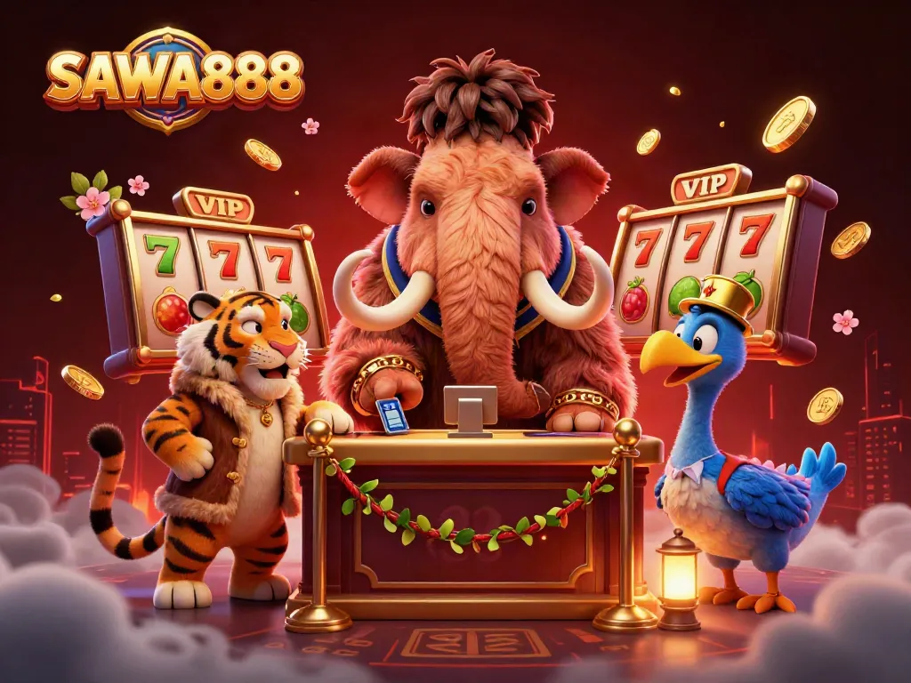 Engage with SAWA888's vibrant casino scene featuring characters and dynamic gaming elements in a rich 3D illustration.