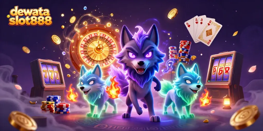 Menghasilkan kemenangan megah dengan dewata slot888, ilustrasi kasino 3D penuh warna dan keajaiban.