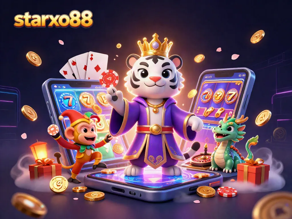 Engage in the vibrant world of starxo88 with an energetic scene of a white tiger, golden monkey, and gaming elements.