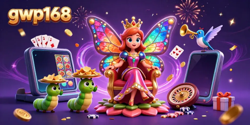 GWP168 memikat pemain dengan ilustrasi slot warna-warni dan permainan kasino yang menggembirakan.