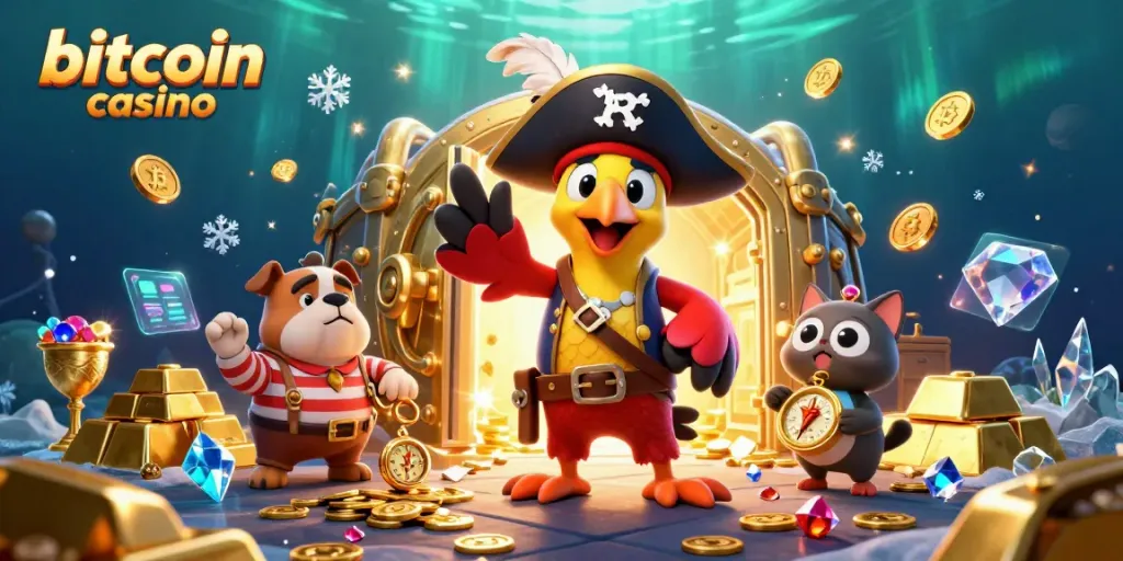 Experience the excitement of a bitcoin casino with animated characters amidst treasures and holographic elements.