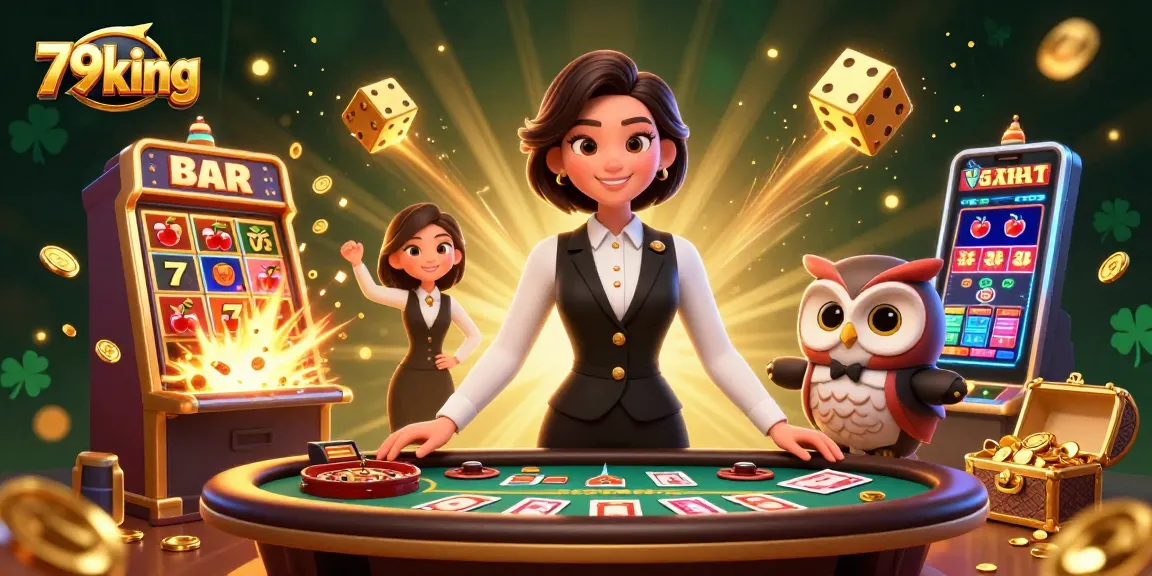 Engage with 79king's captivating baccarat and slot games, showcasing a stunning dealer scene.