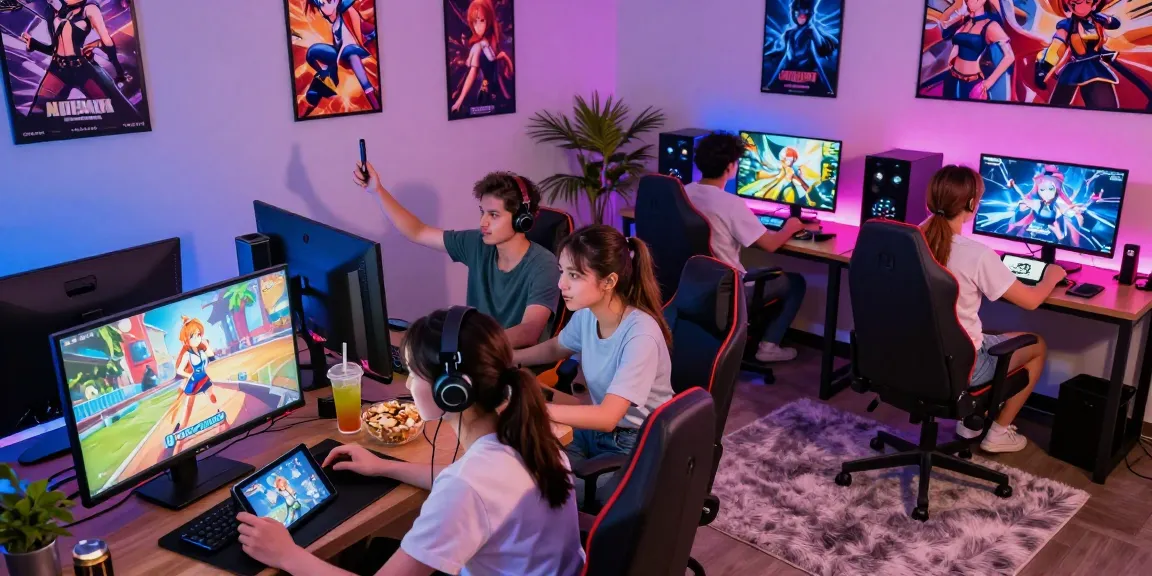 Friends enjoying hentai games in a lively gaming lounge with vibrant atmosphere.