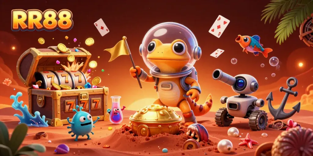 Play slots and win big with RR88, as a Martian gecko explores a golden casino on Mars.