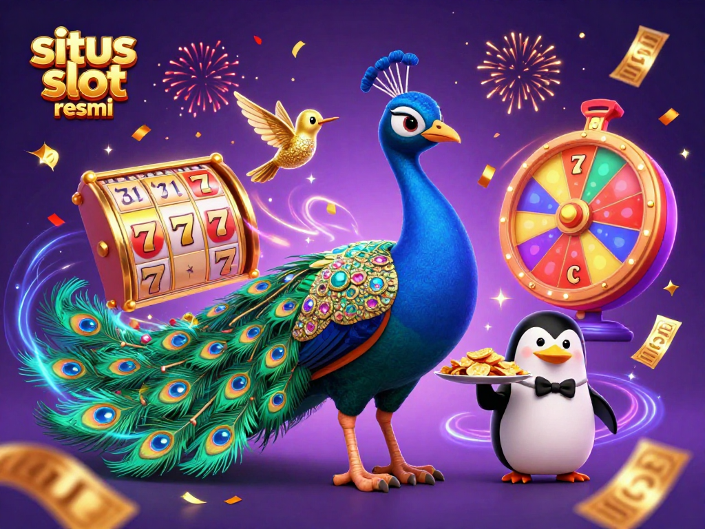 Experience winning thrills with situs slot resmi amidst vibrant slot reels and festive characters.