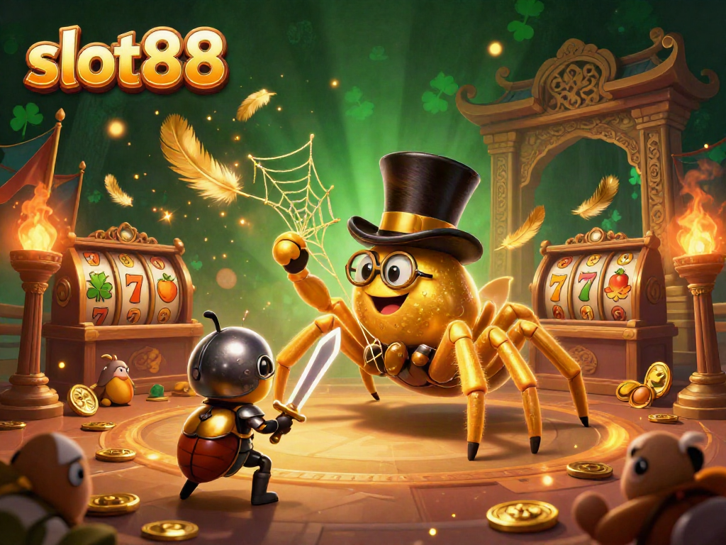 Experience the dynamic scene of slot88 with a golden tarantula, beetle knight, and vibrant casino elements.