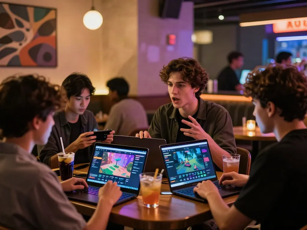Group of friends engaging in gaming and entertainment, highlighting akunjp in a vibrant urban scene.