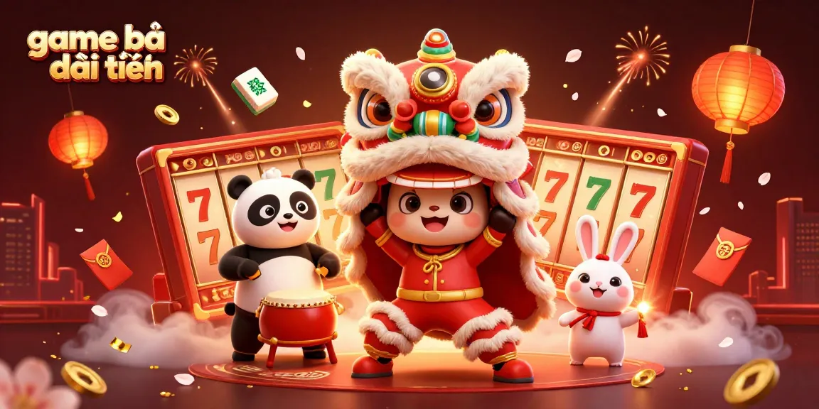 Engage in game bài đổi thưởng with vibrant 3D casino-themed illustration featuring festive characters and exciting game elements.