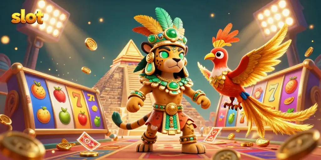 Menangkan slot dengan ilustrasi 3D menggambarkan petualangan jaguar dan burung quetzal di lingkungan kasino.