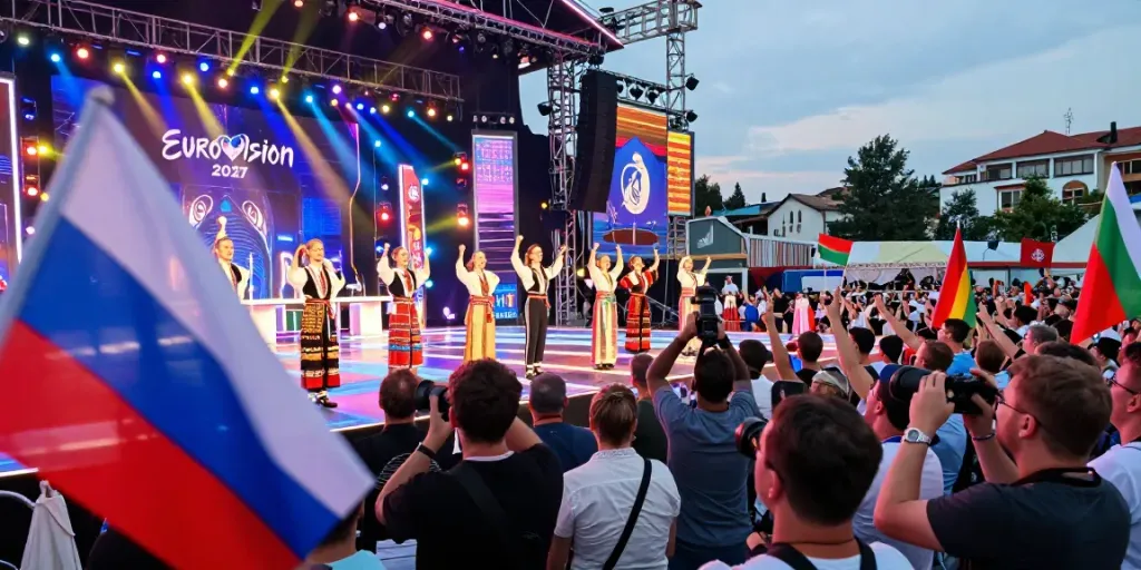 Vibrant Eurovision 2027 final scene showcasing kurpramogauti.lt celebration atmosphere.