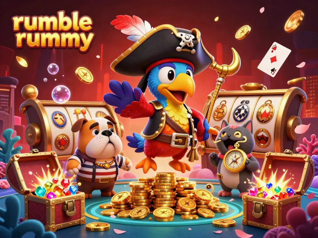 Experience thrilling gameplay with Rumble Rummy's dynamic adventure scene featuring captivating characters and casino elements.