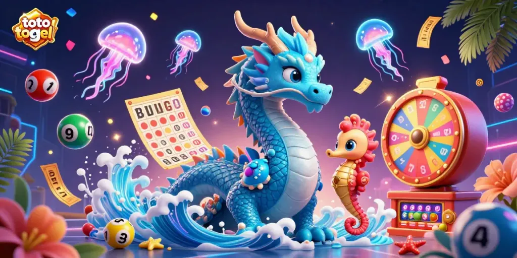 Engaging 3D illustration showcasing the exciting world of toto togel with vibrant elements like lottery balls and a mystical water dragon.