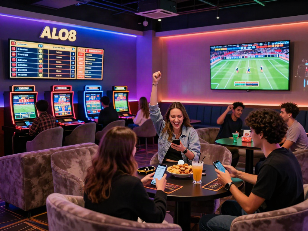 Exciting ALO8 gaming lounge with enthusiastic players engaging in online betting activities