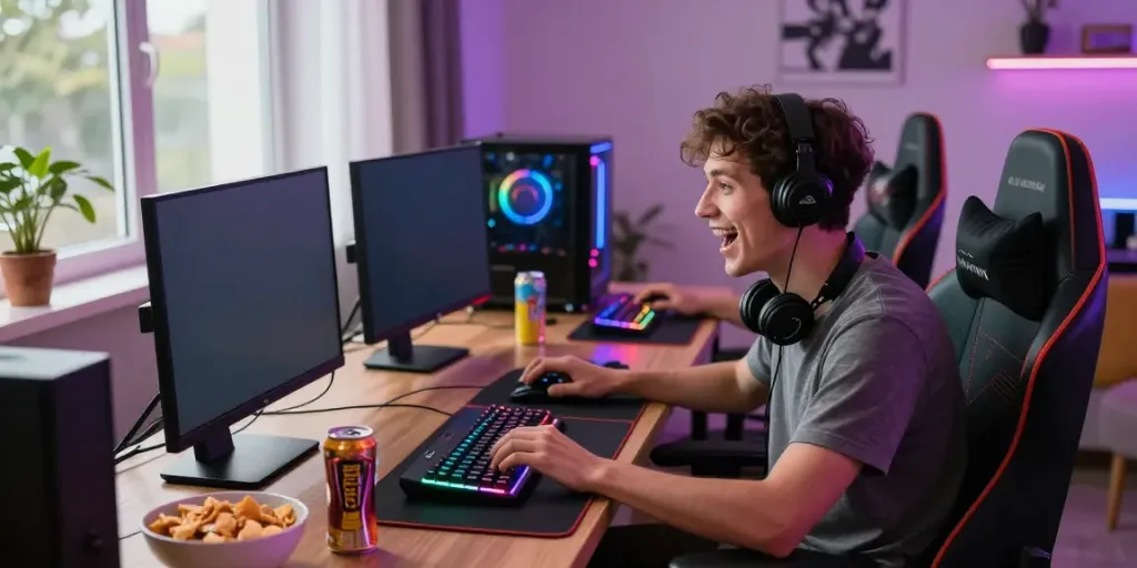A80 gaming scene capturing an enthusiast engaged in dynamic gameplay, showcasing excitement and modern gaming peripherals.