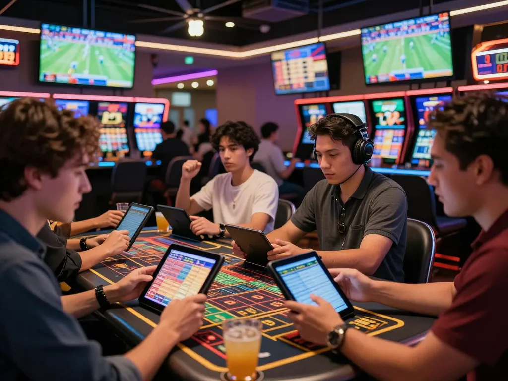 Pembaca taruhan yang terlibat menganalisis odds APK Ulat123 dalam suasana taruhan olahraga yang kehidupan.