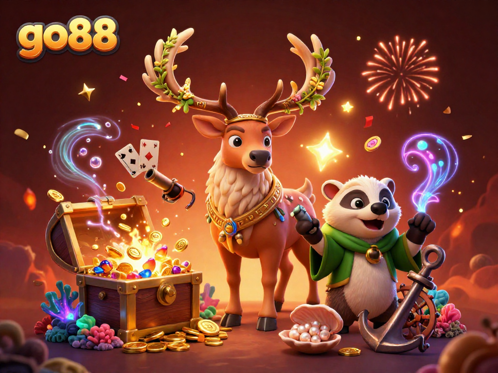Catch the excitement at go88 with a vibrant scene of a druid and badger amidst exploding treasures.