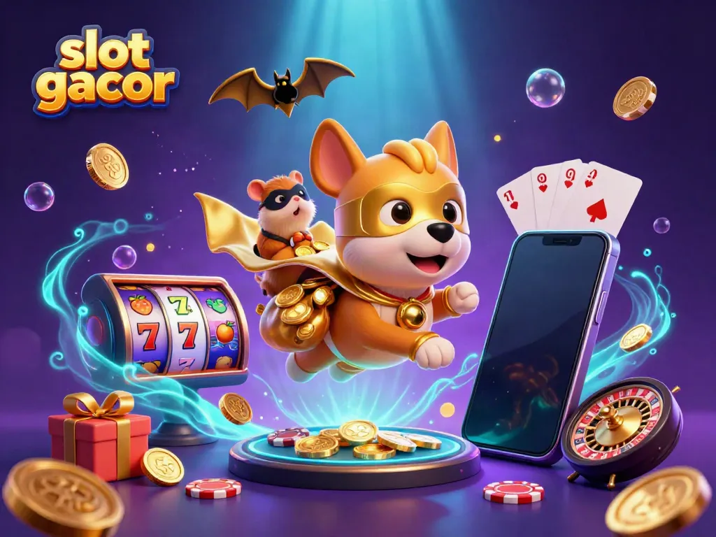 Exciting slot gacor scene with a superhero dog and gold coins in an engaging 3D illustration.