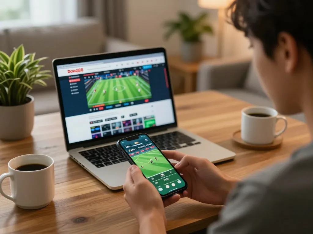 Engaging in sports betting on bong88 with a smartphone in a cozy home setting, emphasizing modern gambling.