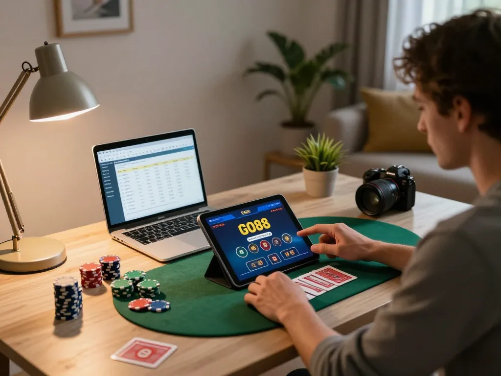 Player enjoying the GO88 online casino app at a stylish home desk, surrounded by poker chips and a laptop for strategic betting.