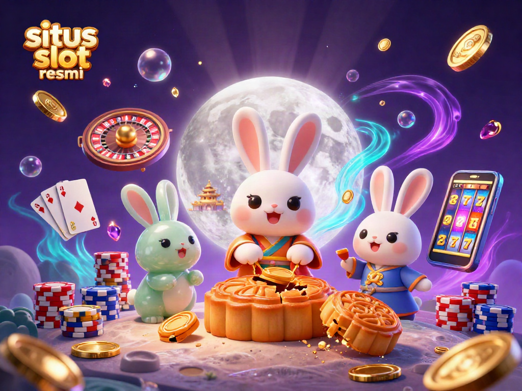 Gambarkan situs slot resmi dengan kelinci bulan 3D menumbuk kue bulan sambil dikelilingi chip poker dan roda roulette.