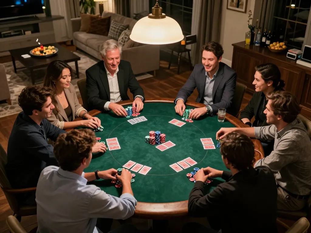 Engaging home poker night scene with friends playing strategically around a table, showcasing the excitement of 388bet
