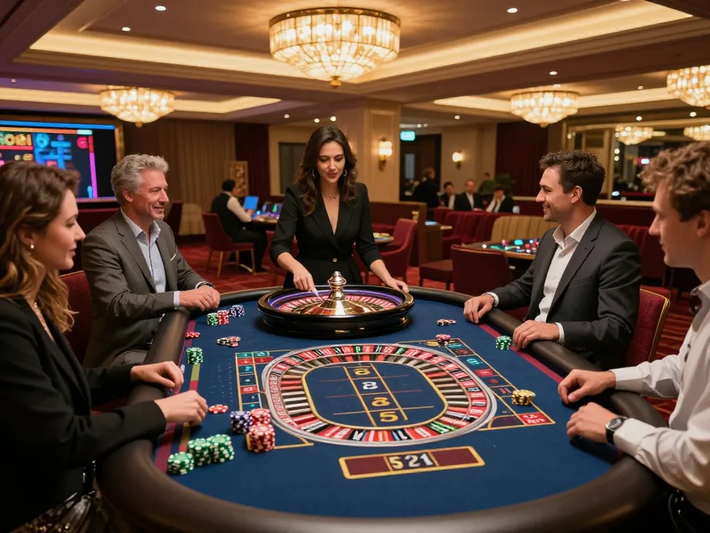 Engaging gameplay at Leci123 site with roulette action and excited players at a luxurious casino.