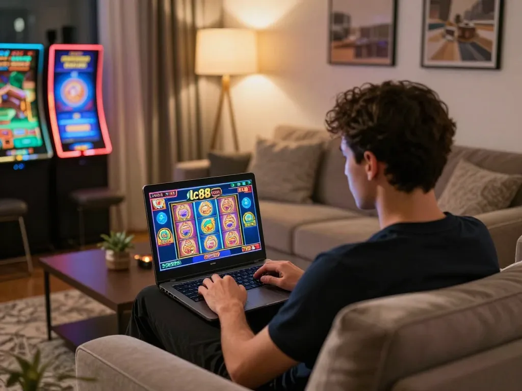 Player enjoying vibrant gaming action on Lc88 com platform from cozy home environment
