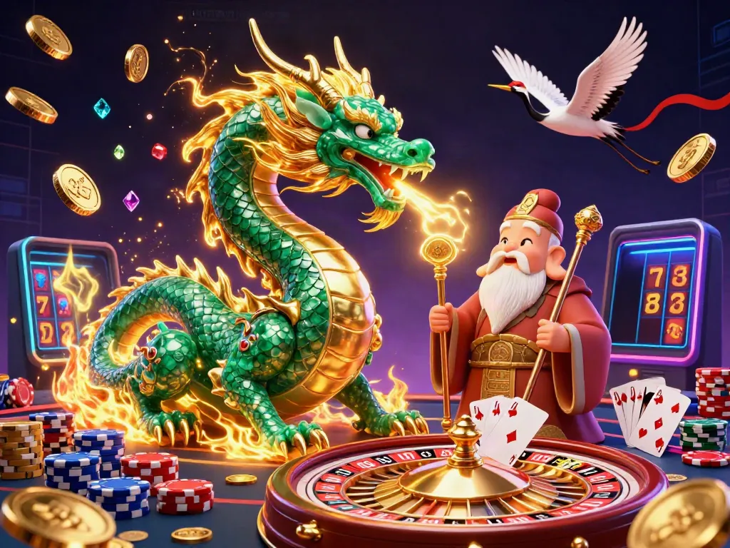 ภาพการ์ตูน 3D ที่มีมังกรหยกขนาดใหญ่และเหล่าสิ่งมงคลในเว็บสล็อต