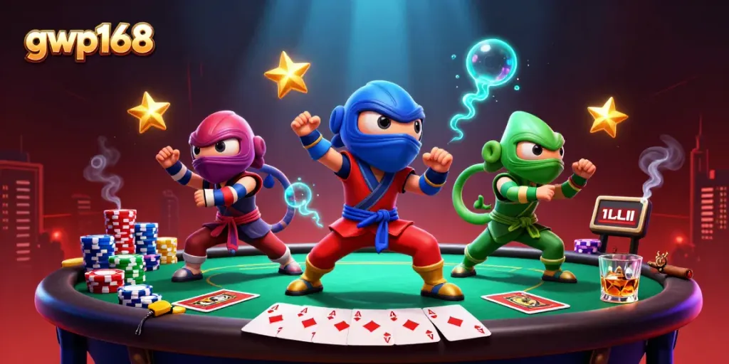 Permainan seru di GWP168 dengan chameleon ninja yang sedang bertarung sambil dikelilingi chip poker dan kartu.
