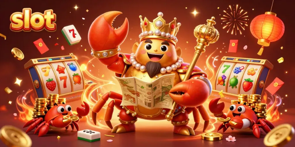Slot yang memukau dengan kaisar kepiting emas, simbol keberuntungan, dan suasana penuh pesta.