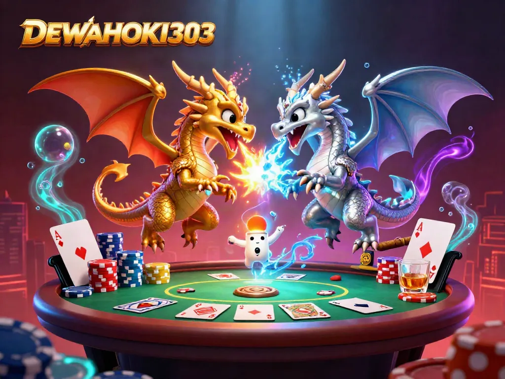 DEWAHOKI303 menampilkan ilustrasi kasino yang menakjubkan dengan naga, permainan poker, dan efek cahaya yang memukau.